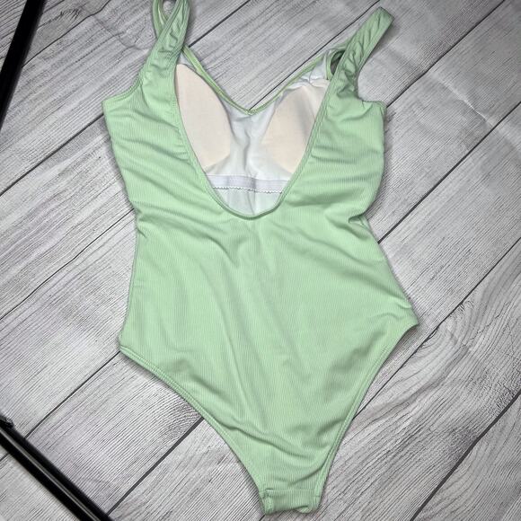 Zaful Sage Green Crinkle Ribbed One Piece Deep Scoop Neck One Piece Swimsuit S - Picture 8 of 8